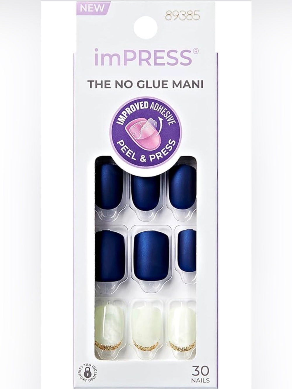 imPRESS Press-On Nails Chasing Stars No Glue Mani Navy Blue Marble Gold 89385